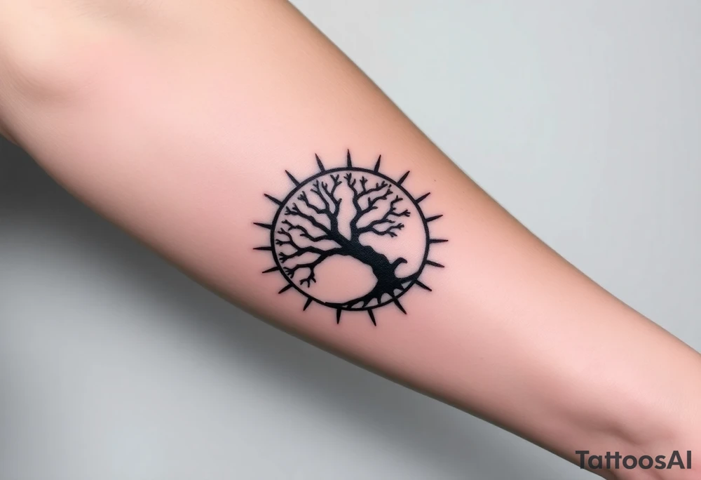 Tree inside of a spiral sun tattoo idea
