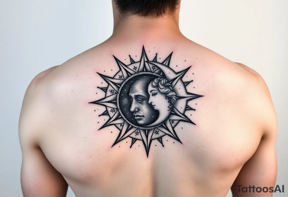celestial sun and moon embrace with constellation patterns tattoo idea