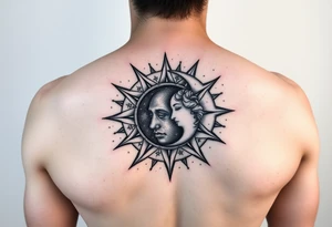 celestial sun and moon embrace with constellation patterns tattoo idea