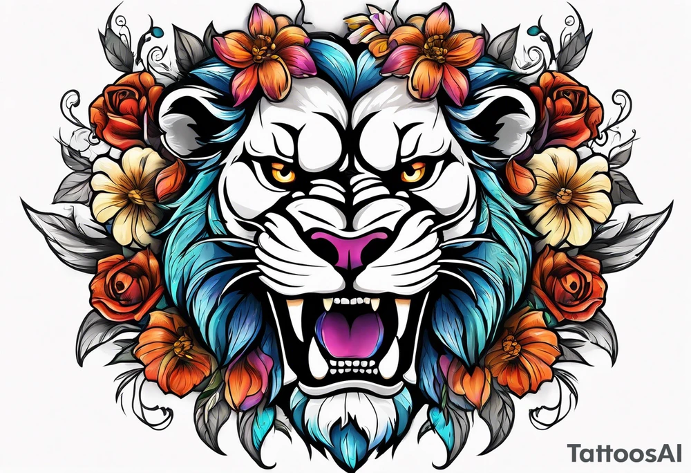 Half lion half skull,  demons, flowers tattoo idea