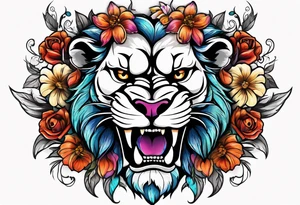 Half lion half skull,  demons, flowers tattoo idea