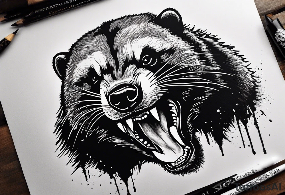 Draw me psychopath Fearless Honey Badger/Berserker with aggressive full body, killer face with a scary smile, very long nails and he attacks like a Bloody Assassin/Warrior/Gladiator to us and also, he has very deadly looking. He fights with his nails only. Everybody scares after their first sight. Give me horror type Badger Tattoo. I want to see his Realistic full body with no weapons. You can show destruction at the back. tattoo idea