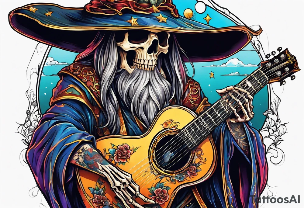 Wizard skeleton with guitar tattoo idea