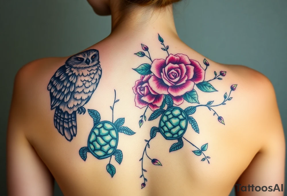 Full back owl on left shoulder flowers on right 3 turtles down spine use multiple rose and vine overlay to fill the empty areas tattoo idea