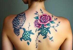 Full back owl on left shoulder flowers on right 3 turtles down spine use multiple rose and vine overlay to fill the empty areas tattoo idea