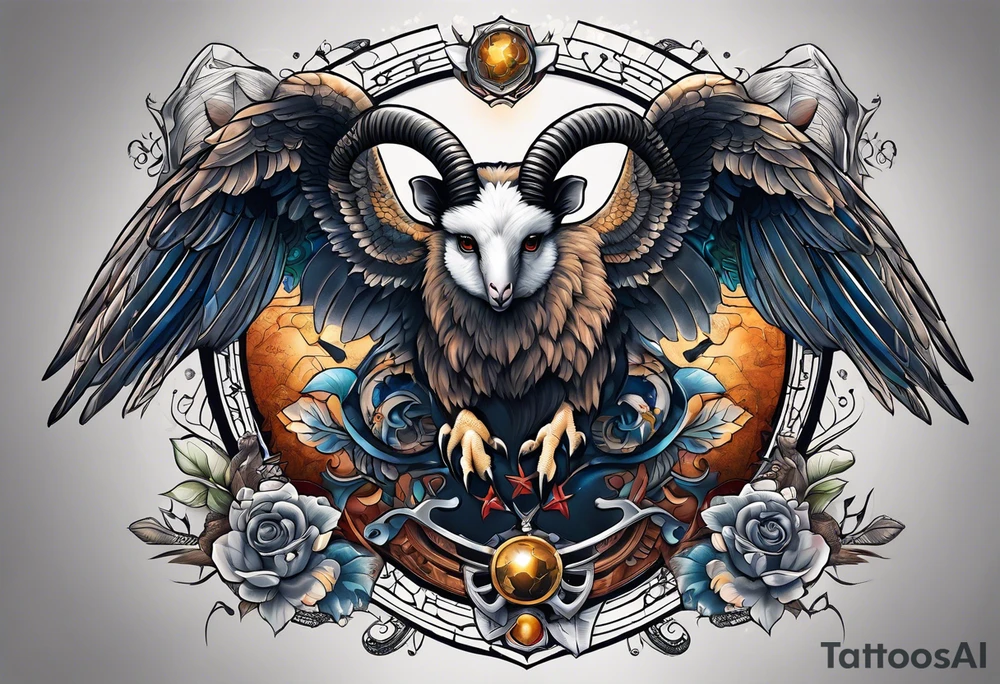 A tattoo with a Aries Ram, A Peregrine Falcon and a Rat. in astrological design tattoo idea