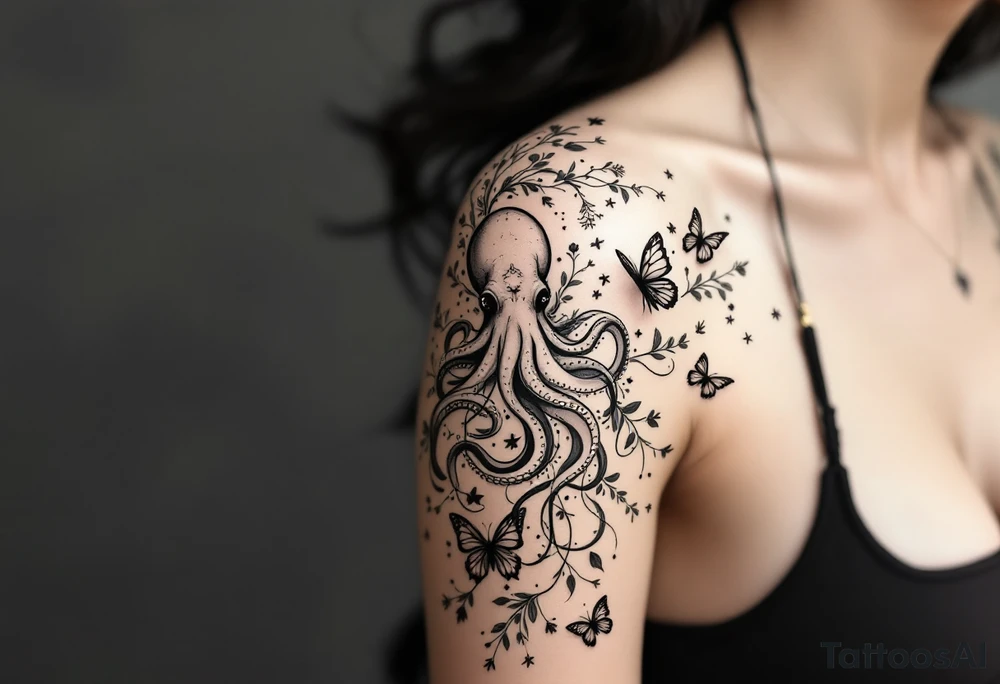 Elegant feminine full sleeve tattoo design on a woman’s arm, flowing abstract black ink lines intertwined with minimalist botanical elements — fine leaves, buds, and wildflowers. Central ornamental mandala-like symbols and geometric dotwork details. A gracefully stylized octopus with fluid tentacles wrapping subtly around the design, integrated with delicate butterflies fluttering around the composition. The butterflies are light, airy, and minimal, matching the fine-line style. Tattoo art style: modern minimalist, fine line, ornamental and botanical tattoo with surreal natural touches. Black ink only, soft feminine aesthetic tattoo idea