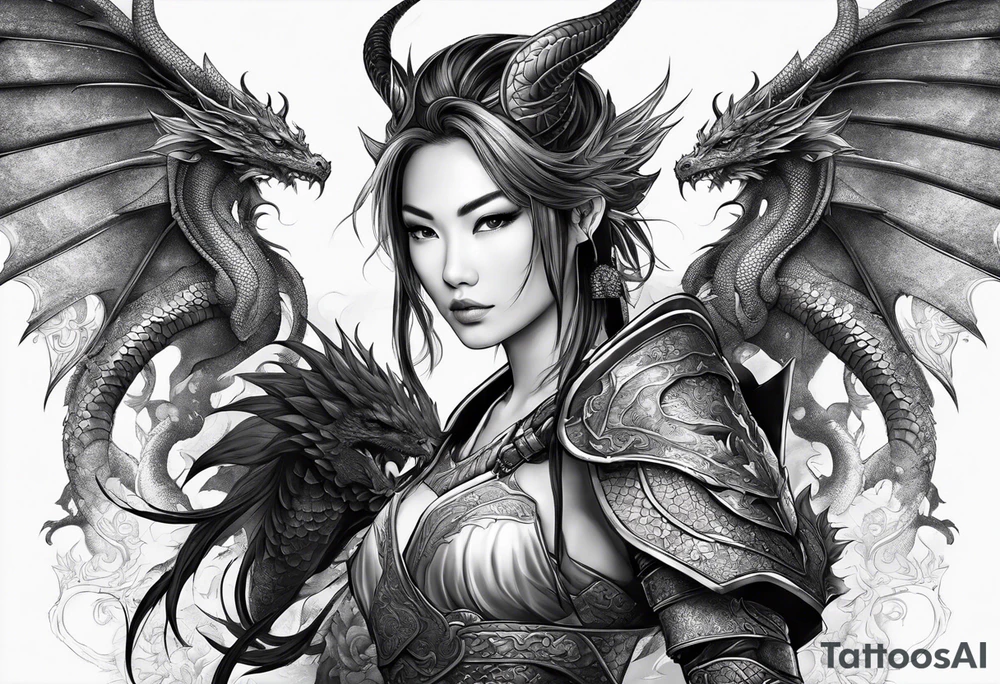 beautiful warrior woman wearing dragon armor and a dragon flying tattoo idea