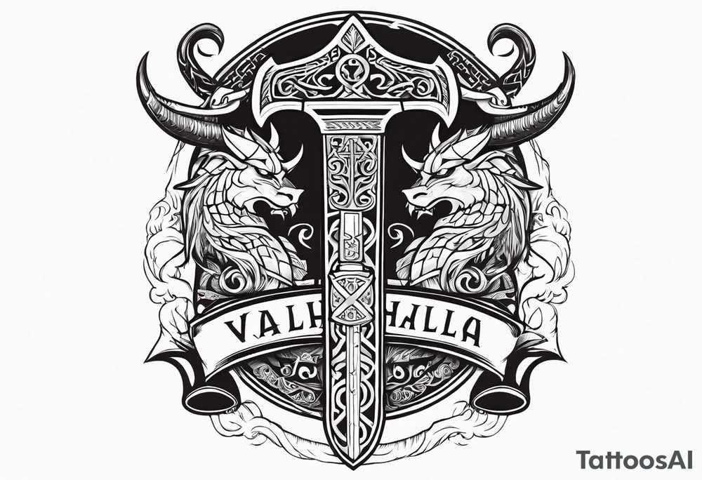 Valhalla sword dragon head axe viking church tattoo idea
