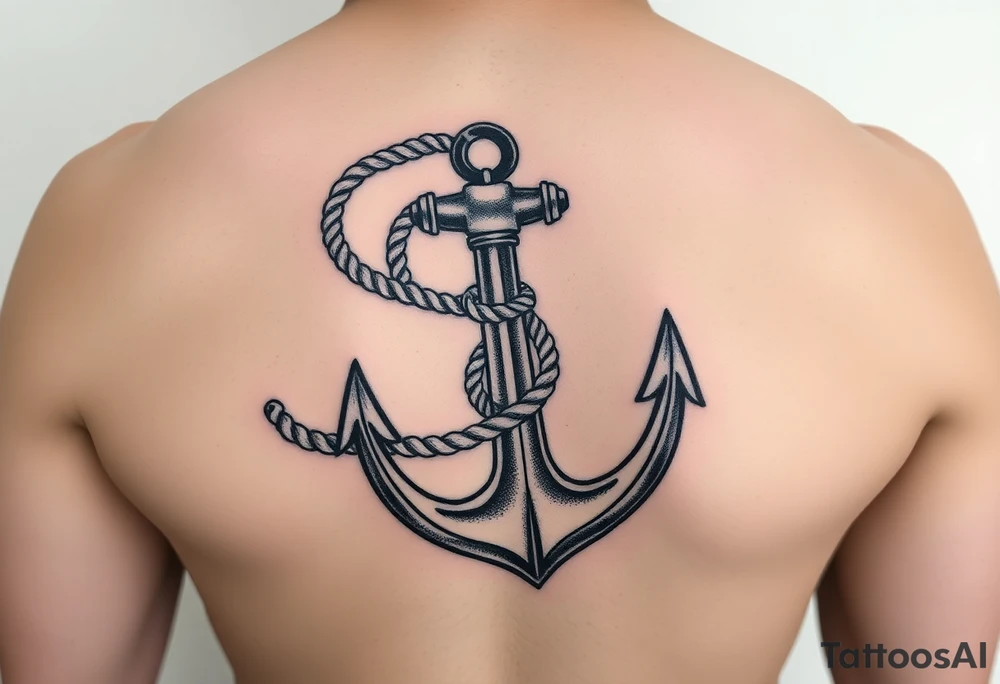 weathered anchor wrapped in nautical rope with sea waves tattoo idea