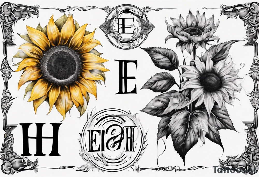 Tattoo combining the letters E and H with a sunflower tattoo idea