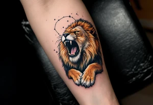 A roaring lion in shades of amber and black cradles the Leo constellation above its paw, traced in delicate white ink. tattoo idea