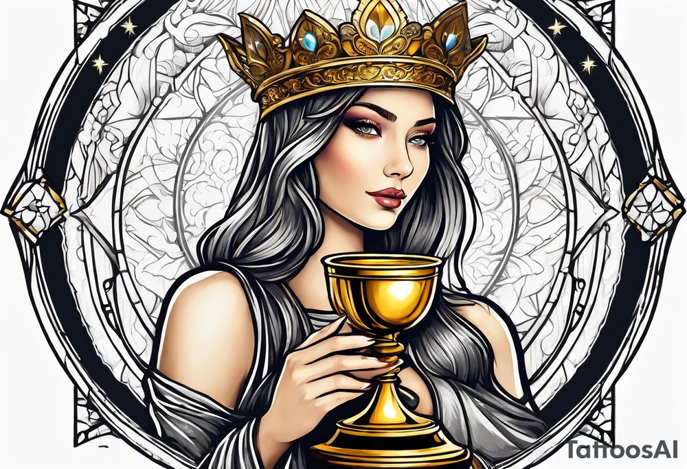 woman saint holding chalice surrounded by golden halo with a tower tattoo idea
