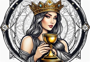 woman saint holding chalice surrounded by golden halo with a tower tattoo idea