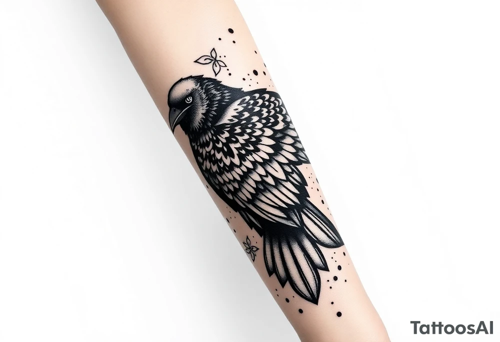 Nordic ornamental raven leg sleeve tattoo idea