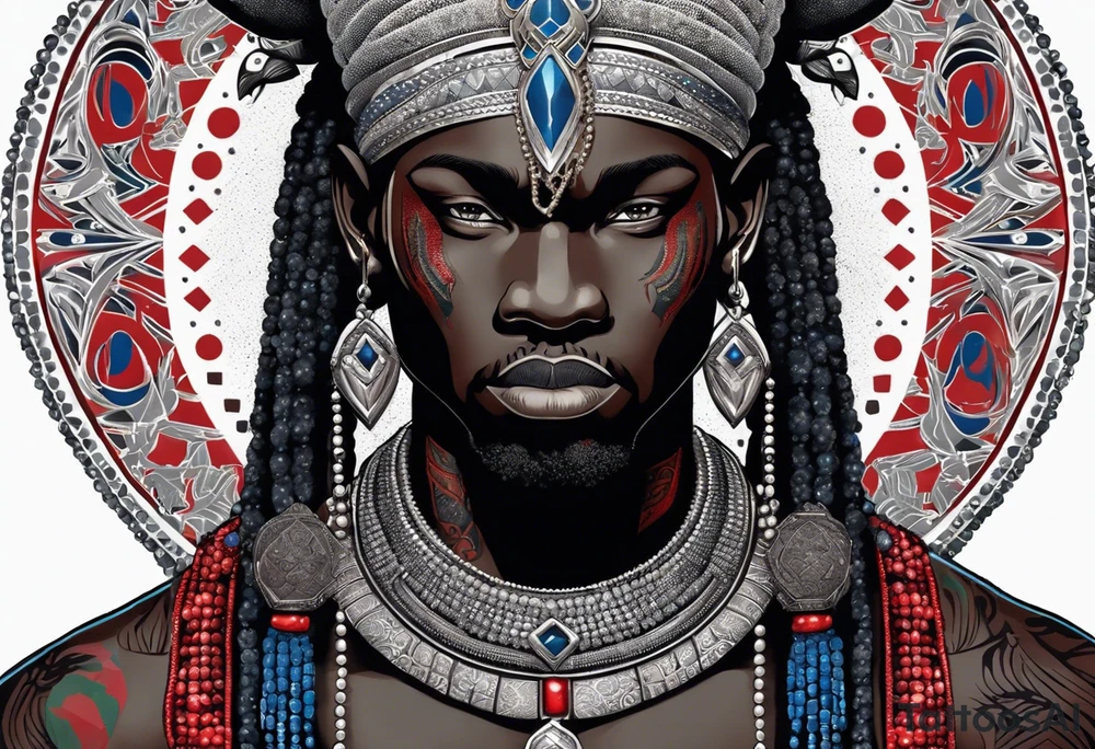 An african god, a bald black-skinned warrior, that uses a sword and a silver crown. He also uses blue and red necklaces tattoo idea
