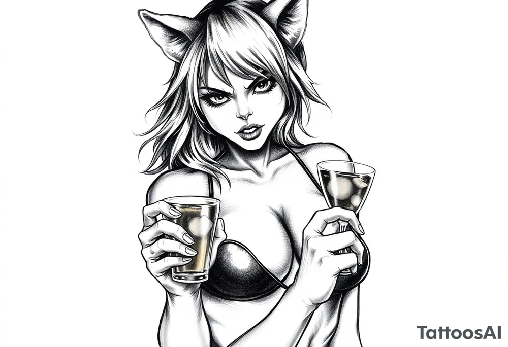 naked catgirl, slut, angry, leather, holding cocktail tattoo idea