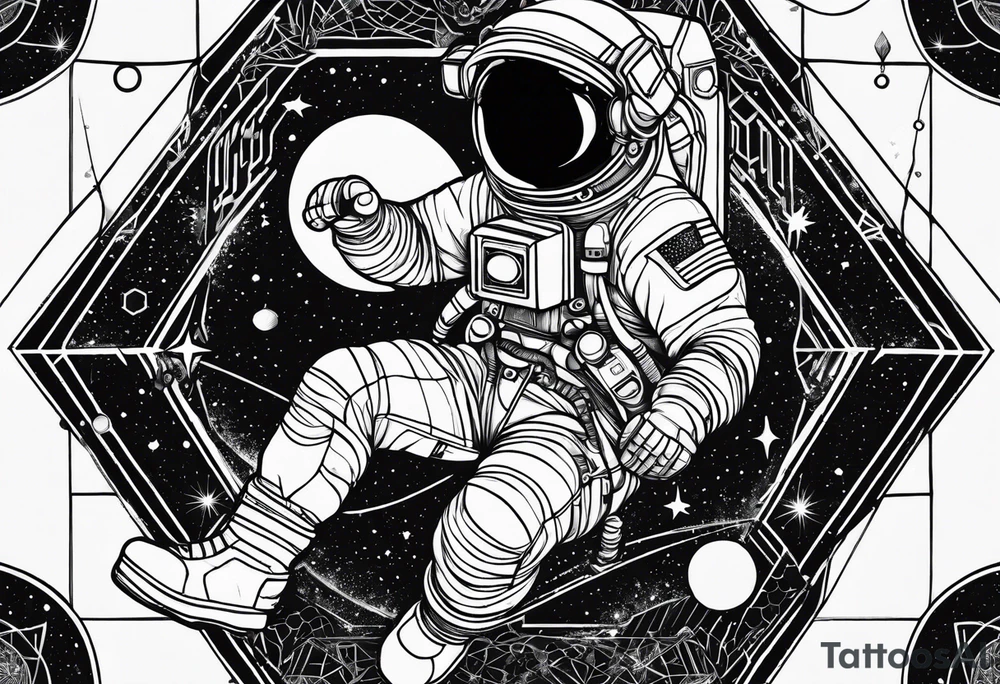 Astronaut floating in space with sacred geometry and hexagonal shapes tattoo idea