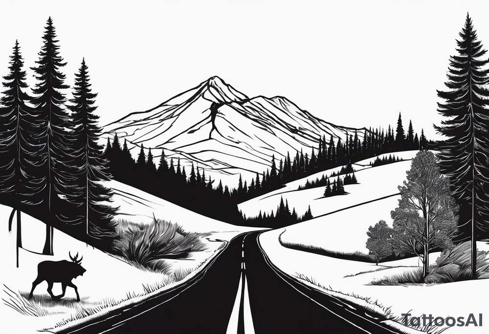 A man with a backpack walking down a road lined with trees, holding a bicycle towards a mountain. I want the design to be portrait and sort of a vanishing road towards the mountain. The mountain is Black Tusk in British Colombia tattoo idea