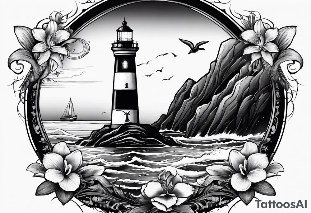 Lighthouse on a beach with a whale's tail sticking out of the water of the ocean with a border containing an anchor and orchids tattoo idea