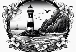 Lighthouse on a beach with a whale's tail sticking out of the water of the ocean with a border containing an anchor and orchids tattoo idea