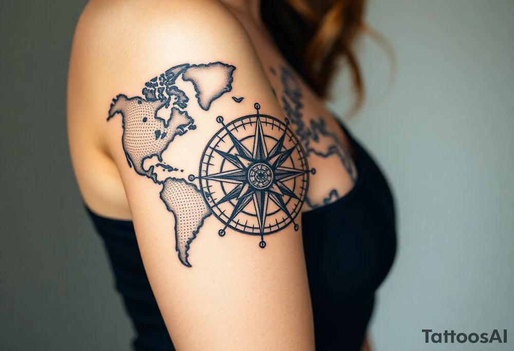 antique compass rose overlaid on weathered world map with zodiac symbols tattoo idea
