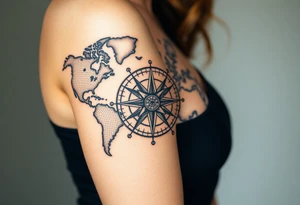 antique compass rose overlaid on weathered world map with zodiac symbols tattoo idea
