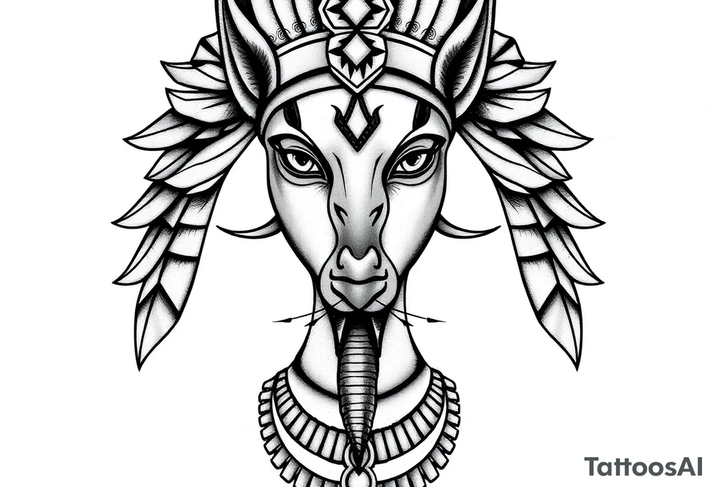 Tatuagem egípcia feminina detalhada, representando odeus Horus na sua forma animal, com adornos e simbolos tradicionais egípicios, a figura está em posição frontal, com detalhes hieroglíficos sutis ao redor, integrados harmonicamente. Fundo minimalista, inspirado em papiro antigo, com tons terrosos suaves. Estilo artístico com traços finos, sombra leve para destacar volume, ideal para a parte frontal da canela, transmitindo elegância e misticismo. tattoo idea
