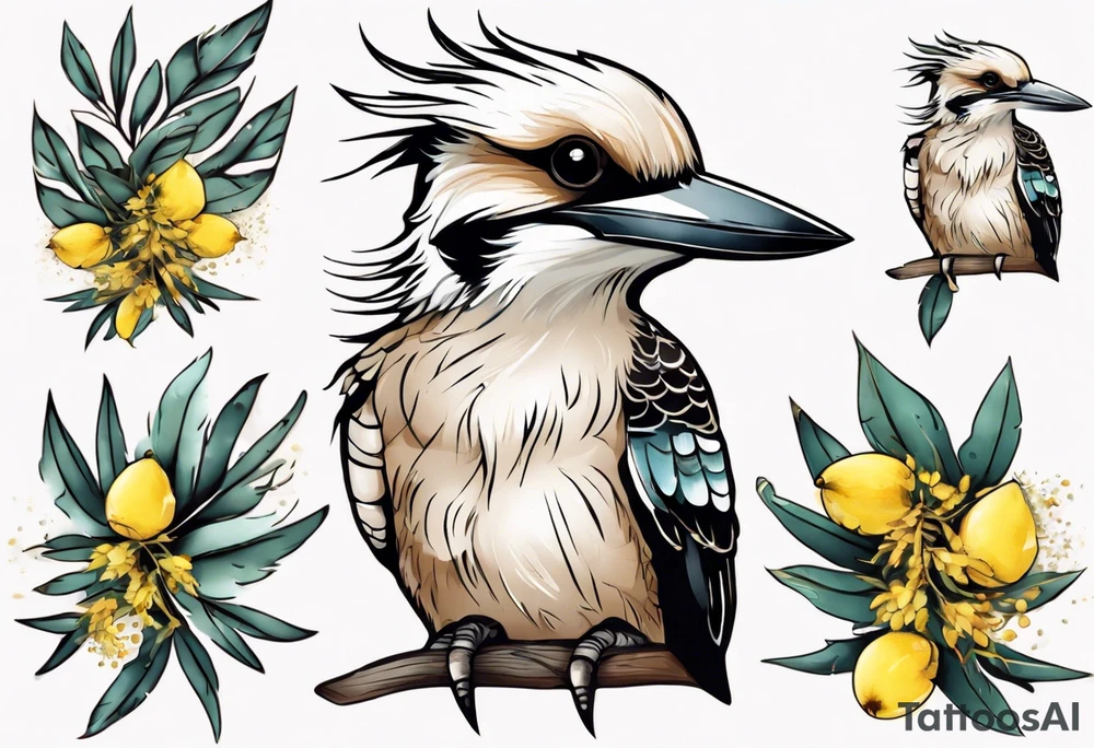 Small kookaburra holding wattle leaves tattoo idea