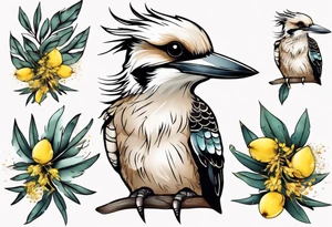 Small kookaburra holding wattle leaves tattoo idea