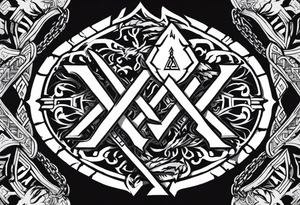 Valhalla sword shield dragon axe Valknut chains 
 steps tattoo idea