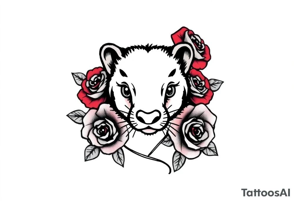 A mole animal with bold black outlines, and red roses surrounding it for a classic old-school aesthetic tattoo idea