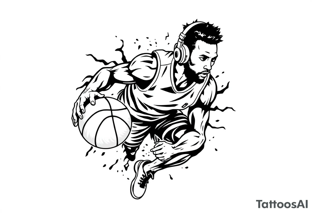 A guy dribbling a basketball with headphones on tattoo idea