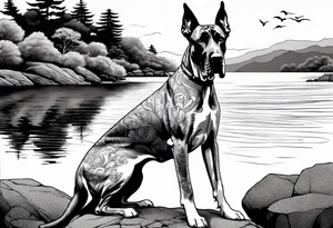 Arm sleeve with Great Dane (Full Tuxedo Color and floppy ears) standing proudly chest up on a rock in front of a body of water tattoo idea