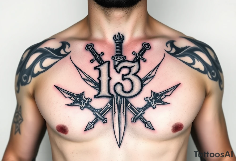 The Number 13, The Toledo Mudhens Baseball Team, And Demonic And Midevel dagger Featurs Made Into A Big Family Crest Tattoo On A Masculine guy that looks bad ass and unique. tattoo idea