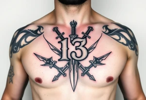 The Number 13, The Toledo Mudhens Baseball Team, And Demonic And Midevel dagger Featurs Made Into A Big Family Crest Tattoo On A Masculine guy that looks bad ass and unique. tattoo idea