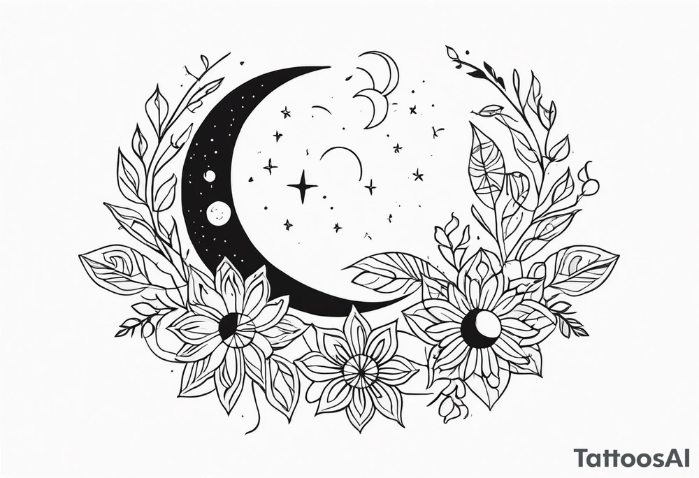 moon and sun painted with Anishinaabe floral all over tattoo idea