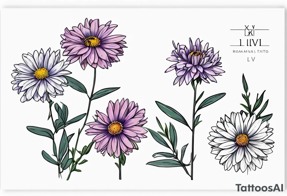 aster flower with roman numerals IX-VI-LVII tattoo idea