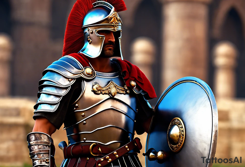 a high ranking roman centurion, soldier, AD 60, wearing armour which must include an armoured belt, breastplate, armoured shoes, shield, helmet and sword. the soldier is strong, tall, large, fit, muscular. the soldier is faceless. We can see the full body of the centurion, from his shoes to his helmet. The soldier is mid-battle, fending off flaming arrows with his shield, advancing towards the enemy, attacking the enemy. attacking pose. The image should be extremely detailed. Need to see the full soldier. tattoo idea