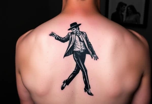 michael jackson tanzt den moonwalk. darunter tanzen mickie und minnie maus. notenzeilen schlängeln sich um alle 3

das motiv soll am bein zu sehen sein tattoo idea