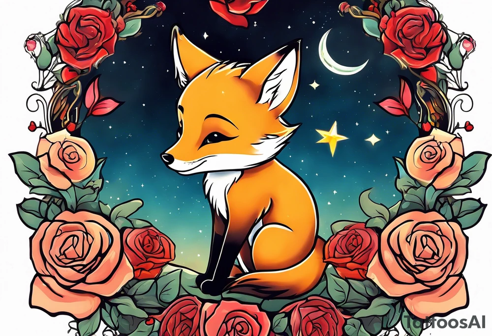The Little prince with fox on his planet with rose tattoo idea