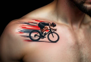 A hyper-realistic cyclist in mid-sprint, with motion blur effects and red and black racing stripes, symbolizing speed and determination. tattoo idea