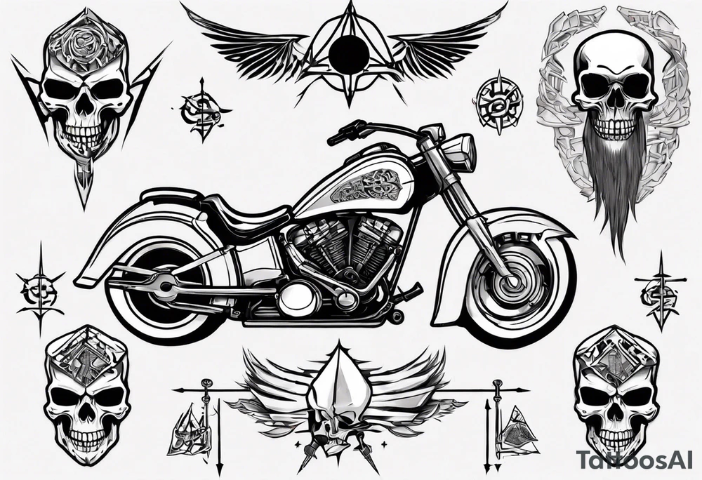 I want a tattoo of a motorcycle and a skeleton in the back with the name “Viking Customs” incorporated in the design tattoo idea