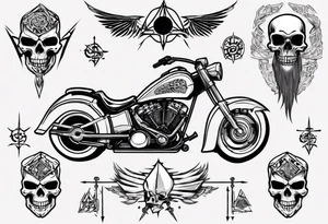I want a tattoo of a motorcycle and a skeleton in the back with the name “Viking Customs” incorporated in the design tattoo idea