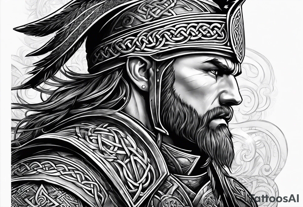 Celtic warrior facing left with irish background tattoo idea