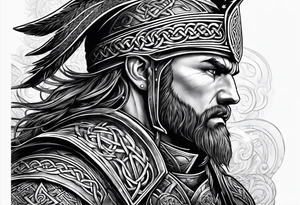 Celtic warrior facing left with irish background tattoo idea