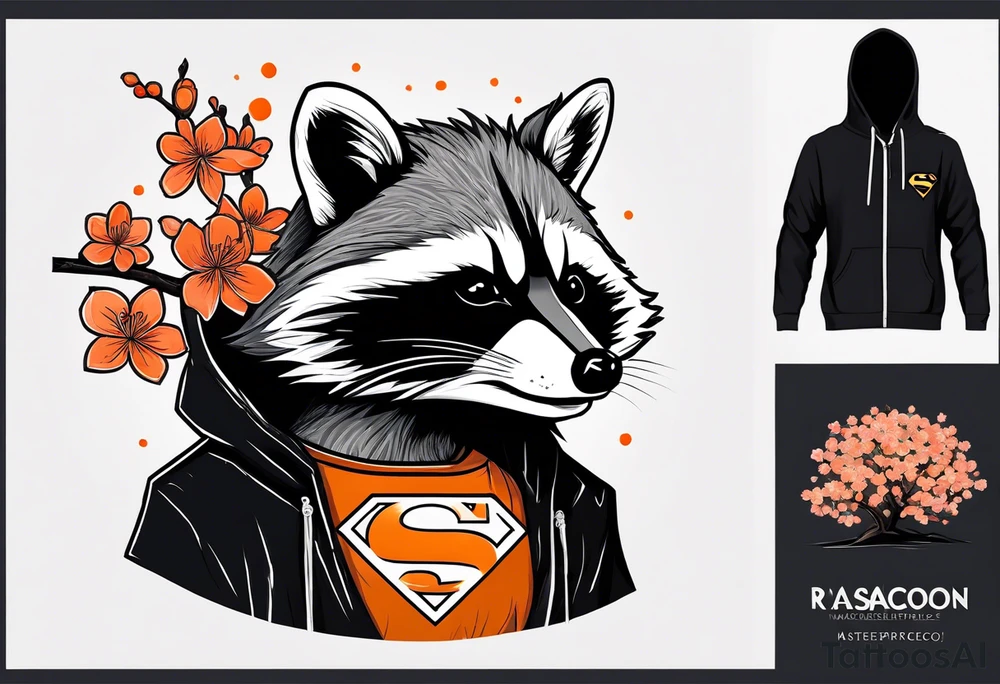 Raccoon wearing a white Superman logo on a black hoodie and orange Japanese cherry blossoms tattoo idea