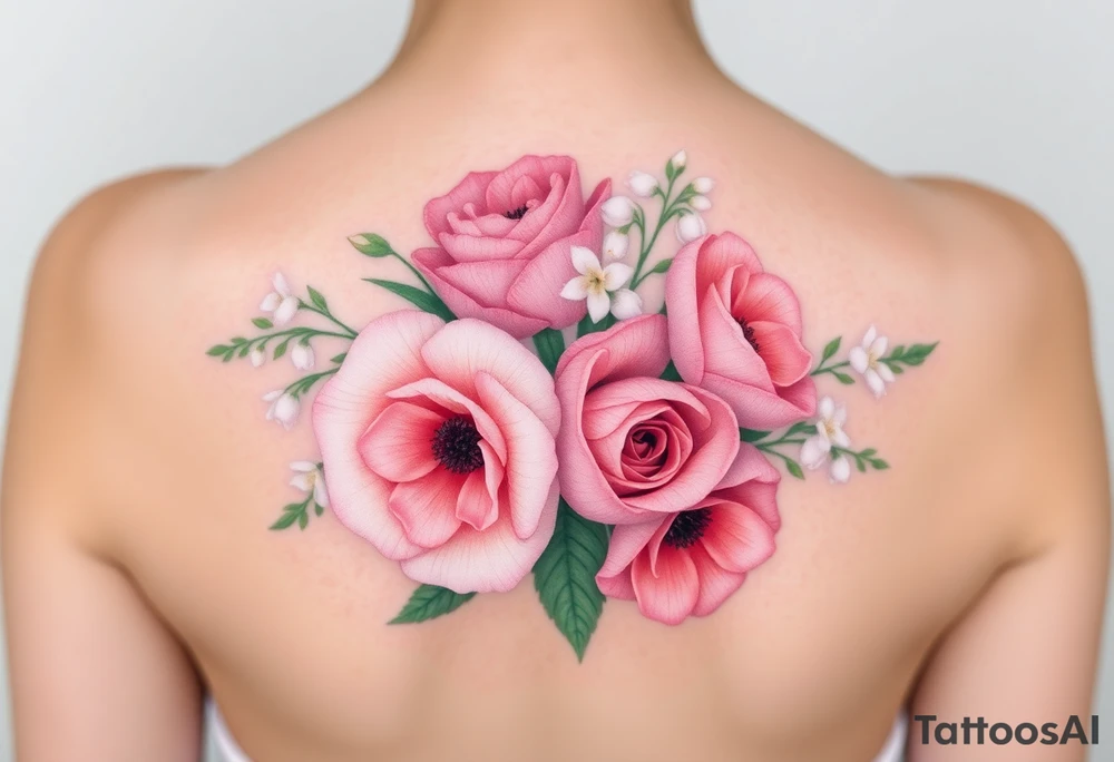 3d Bouquet of Carnation, Astor, Rose, Lily of the valley, Larkspur with realistic, pastel colors with no black tattoo idea