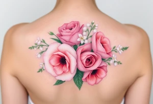 3d Bouquet of Carnation, Astor, Rose, Lily of the valley, Larkspur with realistic, pastel colors with no black tattoo idea