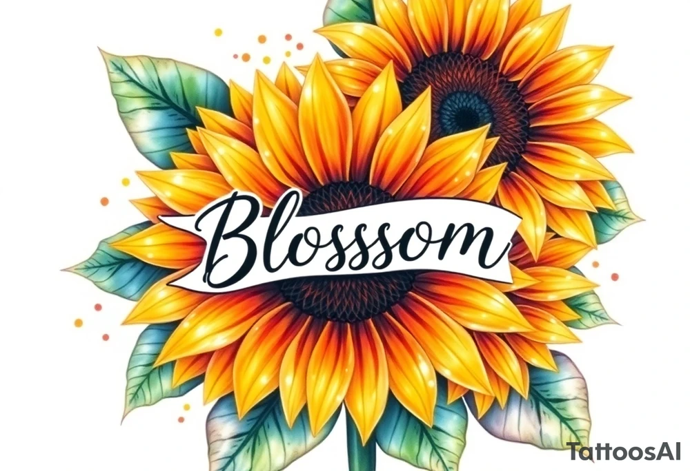Sunflowers with “Blossom” written through the middle of them tattoo idea